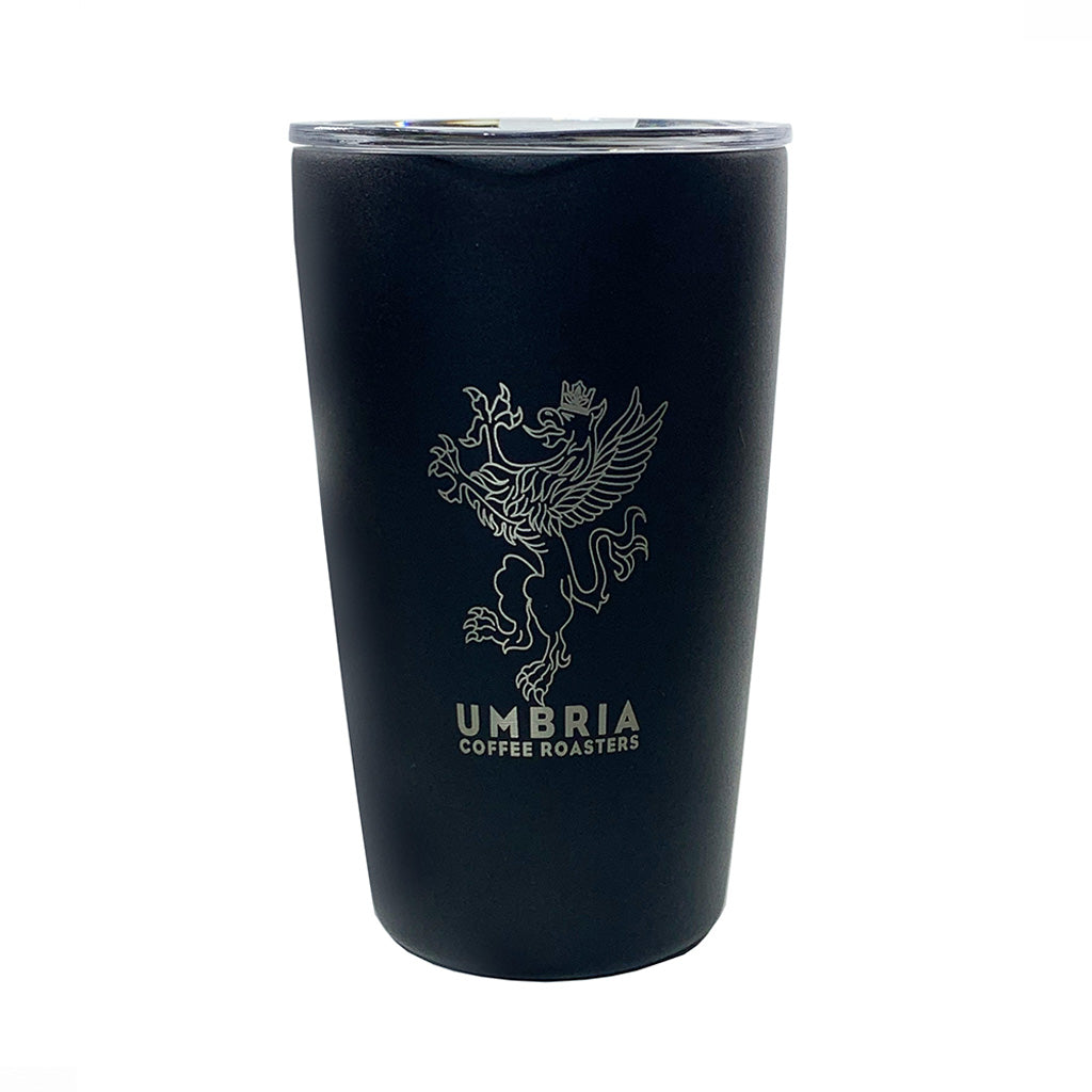 miir 12 ounce black travel tumbler with engraved umbria logo on white background