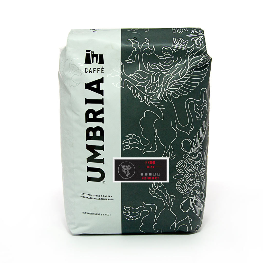 white and grey coffee bag with silver design and black and red grifo medium roast label