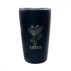 A black travel tumbler with a logo printed on the side.