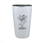 A white travel tumbler with a logo printed on the side.