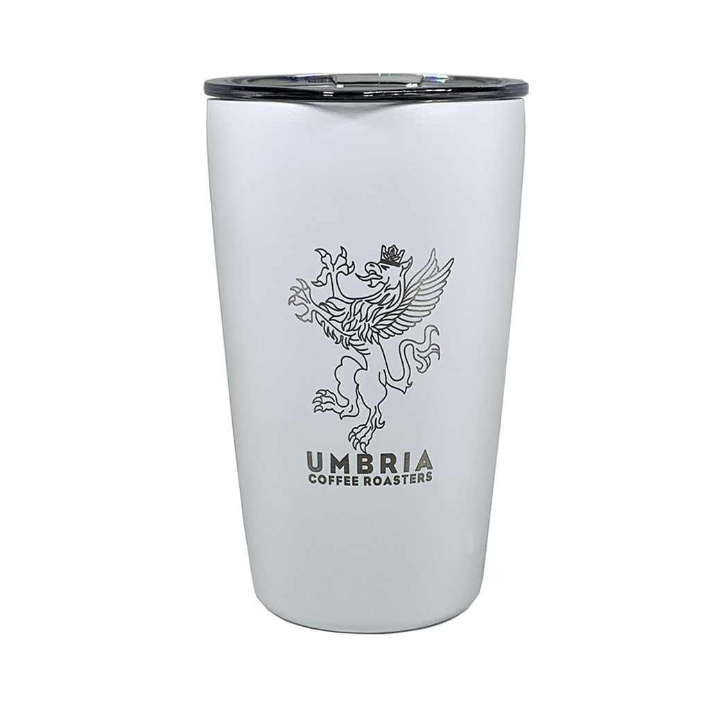 A white travel tumbler with a logo printed on the side.